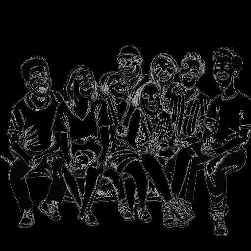 Strichzeichnung einer Gruppe von Menschen, die Sascha Hellinger und seine Freunde darstellen, die zusammen sitzen und lachen.