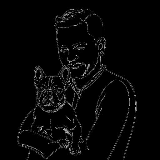 Strichzeichnung eines Mannes, der Sascha Hellinger darstellt, der einen französischen Bulldoggen hält.