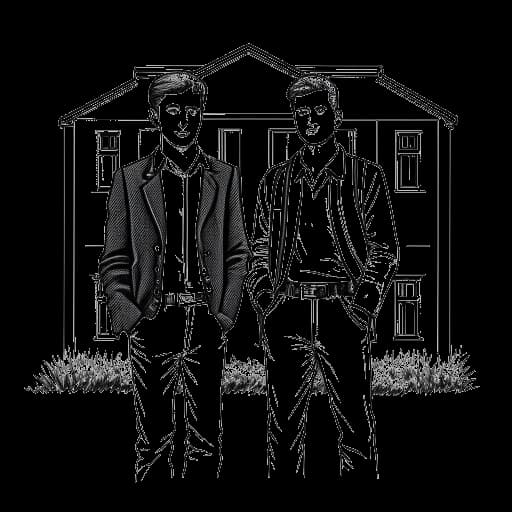 Strichzeichnung von zwei jungen Männern, die Sascha Hellinger und Nicolas Lazaridis darstellen, vor einem Schulgebäude stehend.