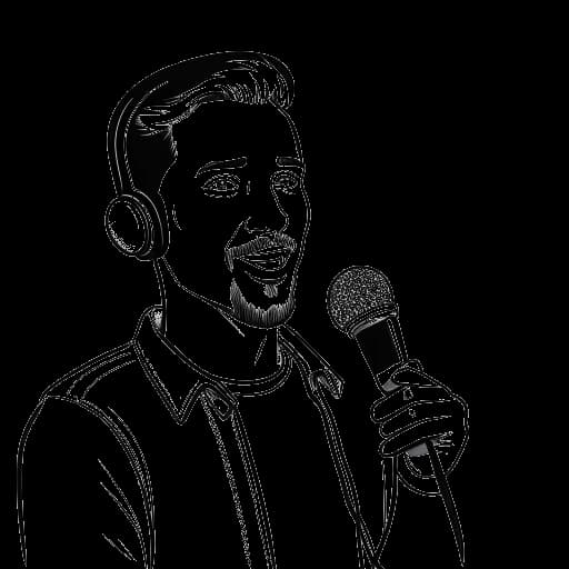 Strichzeichnung eines Mannes, der Sascha Hellinger darstellt, der ein Mikrofon vor einem Twitch-Bildschirm hält.