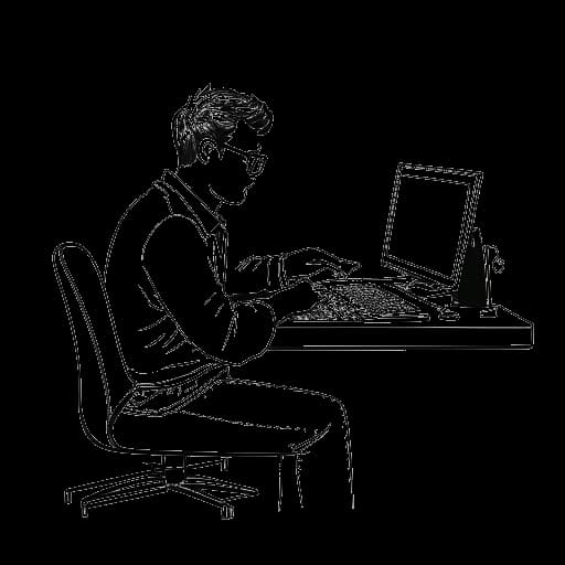 Strichzeichnung eines Mannes, der Sascha Hellinger darstellt, der an einem Computer mit Bearbeitungssoftware arbeitet.