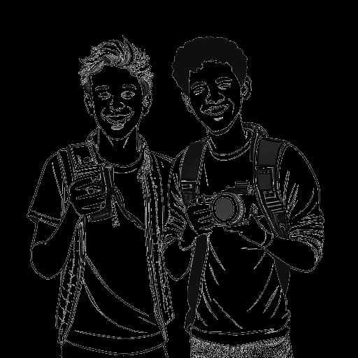 Strichzeichnung von zwei jungen Männern, die Sascha Hellinger und Nico Latzo darstellen, Kameras haltend und lächelnd.