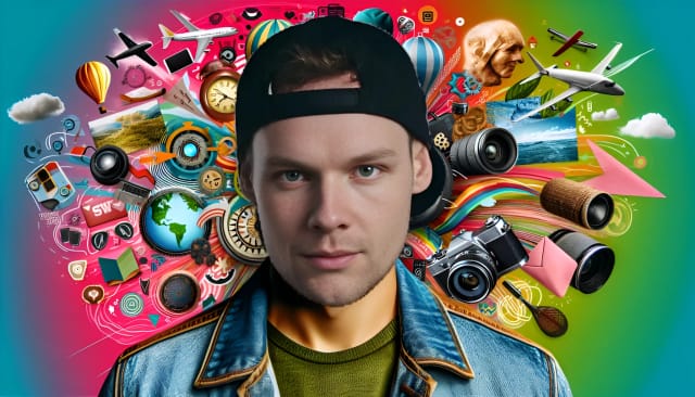 Sascha Hellinger, a vibrant content creator, with a bald head and fair complexion, looking directly at the camera with a confident smile. The background features vibrant colors, travel-related imagery, and references to comedy and music. He is dressed in a stylish and casual outfit, showcasing his playful personality. High-resolution image.