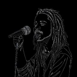 Desenho em arte linear de um jovem representando NLE Choppa, com rastas, segurando um microfone com confiança.