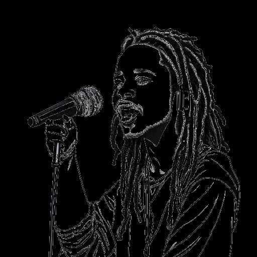 Desenho em arte linear de um jovem representando NLE Choppa, com rastas, segurando um microfone com confiança.