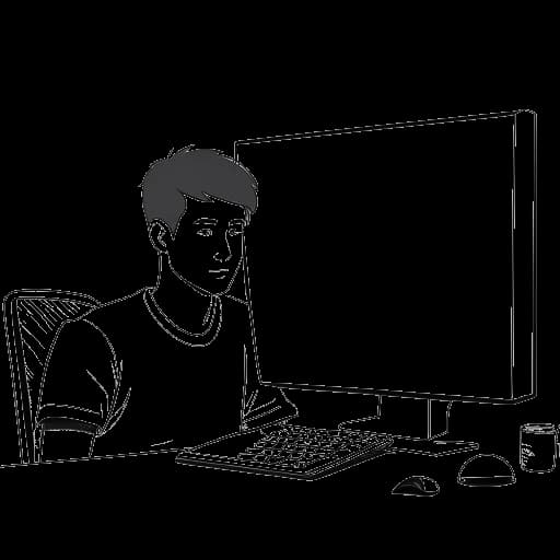 Lijntekening van een jonge man die NLE Choppa vertegenwoordigt, zittend voor een computer met het YouTube-logo op het scherm.