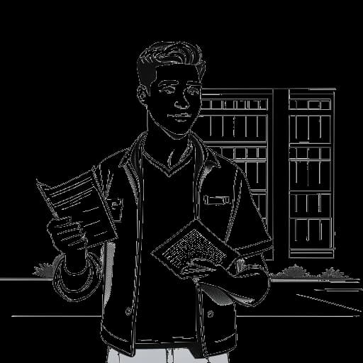 Lijntekening van een jonge man die NLE Choppa vertegenwoordigt, met een medisch document voor een ziekenhuis.