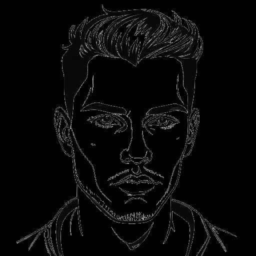 Lijntekening van een jonge man die NLE Choppa vertegenwoordigt, met een kruistatoeage op zijn voorhoofd.