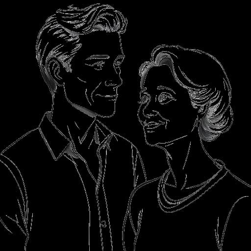 Lijntekening van een jonge man die NLE Choppa vertegenwoordigt, naast een oudere vrouw die zijn moeder vertegenwoordigt.