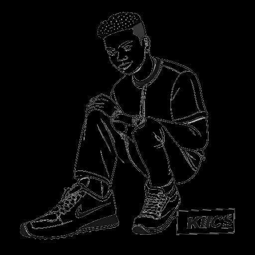 Lijntekening van een jonge man die NLE Choppa vertegenwoordigt, met een paar sneakers in zijn handen, met een etalage waar 'NLE Kicks' op staat in de achtergrond.