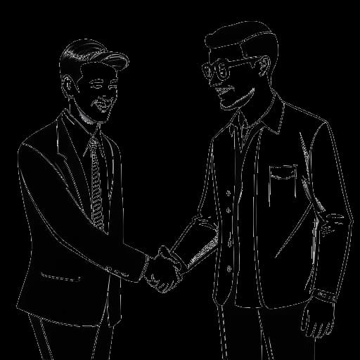 Lijntekening van een jonge man die NLE Choppa vertegenwoordigt, handen schuddend met een man die UnitedMasters vertegenwoordigt en een document op de achtergrond.