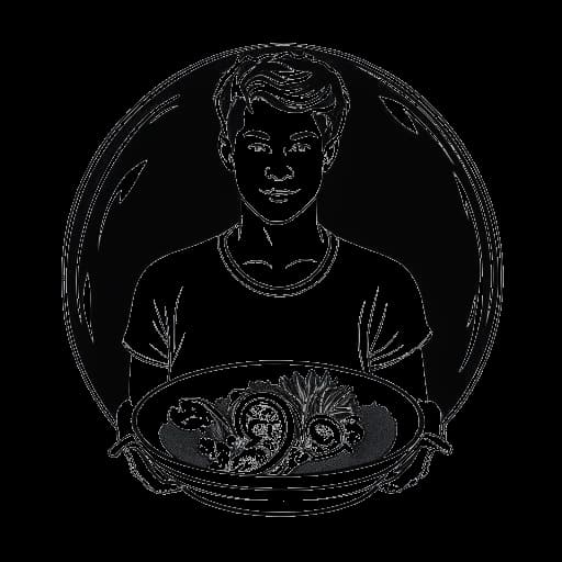 Lijntekening van een jonge man die NLE Choppa vertegenwoordigt, met een bord groenten in zijn handen, met een stralende aura die verbeterde mentale gezondheid symboliseert.