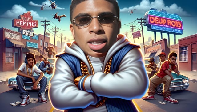 NLE Choppa: A dynamic and fearless young rapper from Memphis, Tennessee. In the thumbnail, he is shown looking straight into the camera with confidence and intensity. The backdrop features iconic landmarks of Memphis, reflecting his musical roots. NLE Choppa is dressed in stylish urban attire, embodying his unique fashion sense. The vibrant colors and high-resolution details of the image capture the energy and authenticity of his music and lifestyle.