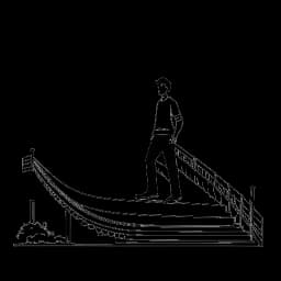 Disegno in stile line art di un uomo, simboleggiante Mac Miller, fiero mentre sta su uno scivolo in un parco con la classifica US Billboard 200 sullo sfondo, rappresentando il suo successo indipendente, su uno sfondo bianco.