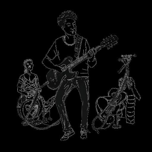 Disegno in stile line art di un uomo, che rappresenta Mac Miller, con vari strumenti musicali che passa a tenere un microfono, simboleggiando il suo passaggio al rap, il tutto su uno sfondo bianco.
