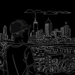 Disegno in stile line art di un uomo, che incarna Mac Miller, esprime empatia e sostegno verso i giovani svantaggiati, con elementi simbolici di Pittsburgh sullo sfondo, su uno sfondo bianco.