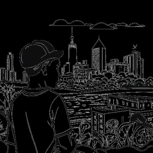 Disegno in stile line art di un uomo, che incarna Mac Miller, esprime empatia e sostegno verso i giovani svantaggiati, con elementi simbolici di Pittsburgh sullo sfondo, su uno sfondo bianco.