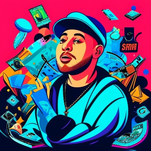 Una representación artística de un hombre que simboliza a Mac Miller entre notas musicales, un micrófono y montones de dinero, mostrando su próspera carrera musical y estabilidad financiera en un entorno vibrante.