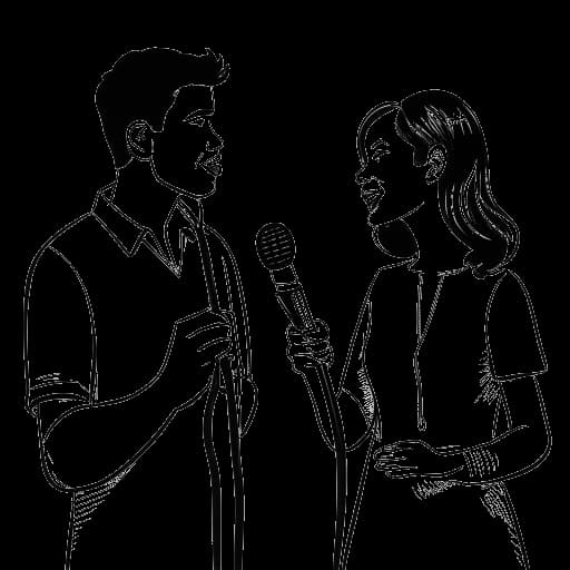Dibujo lineal de una pareja, representando a Mac Miller y Ariana Grande, sosteniendo micrófonos.