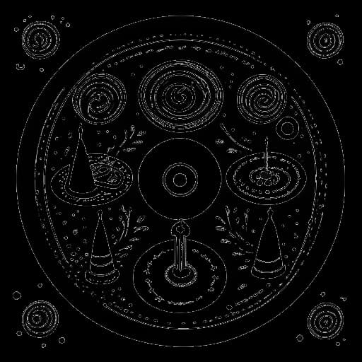 Dibujo lineal de un álbum, representando 'Circles' de Mac Miller, rodeado de velas y notas musicales.