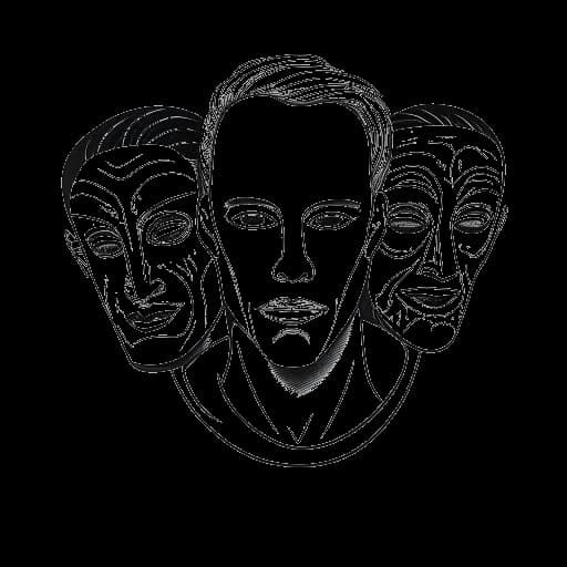 Dibujo lineal de un hombre, representando a Mac Miller, sosteniendo dos máscaras, simbolizando su vida profesional y personal.