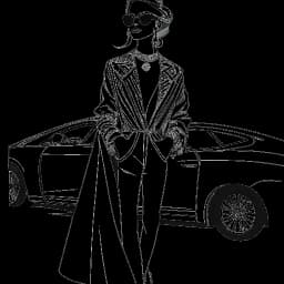 Disegno in bianco e nero di una donna, che rappresenta Cardi B, vestita con un sontuoso abito di design che suggerisce un'affiliazione con automobili di lusso, presentato su uno sfondo bianco.