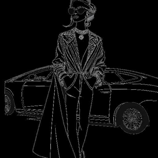 Disegno in bianco e nero di una donna, che rappresenta Cardi B, vestita con un sontuoso abito di design che suggerisce un'affiliazione con automobili di lusso, presentato su uno sfondo bianco.