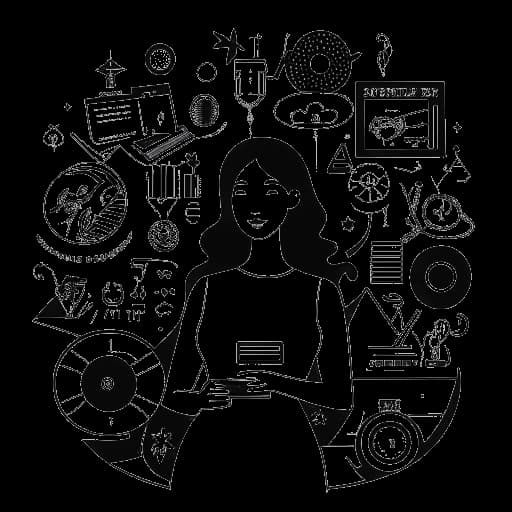 Line art drawing of a woman representing Cardi B, surrounded by emblems of music achievement, cinematic endeavors, and business acumen, including a Grammy award, film reel, and Playboy insignia, against a white backdrop.