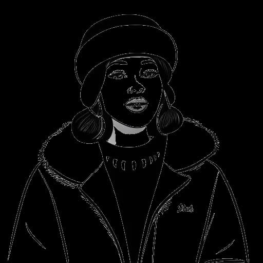 Line art drawing of a woman, representing Cardi B, dressed for winter and holding a speech bubble with her famous quote 'a hoe never gets cold'.