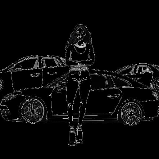 Line art drawing of a woman, representing Cardi B, posing with five cars she owns for photo opportunities.