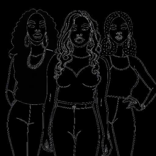 Line art drawing of three women, representing Cardi B, Adam Levine of Maroon 5, and Megan Thee Stallion, showcasing their collaborations 'Girls Like You' and 'WAP'.