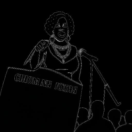 Line art drawing of a woman, representing Cardi B, speaking at a podium in support of gun control.