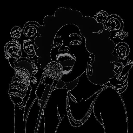 Line art drawing of a woman, representing Cardi B, speaking into a microphone with her humorous and candid communication style on display.