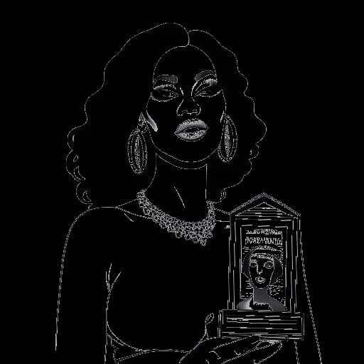 Line art drawing of a woman, representing Cardi B, holding a Grammy award and her album 'Invasion of Privacy'.