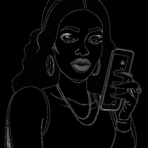Line art drawing of a woman, representing Cardi B, using her smartphone to create content for Vine and Instagram.