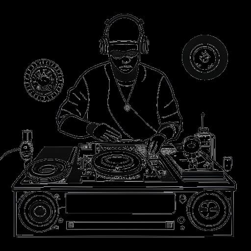 Desenho em arte linear de um homem representando Skrillex em uma mesa de DJ com fones de ouvido, intercalado com prêmios do Grammy, emblema de gravadora e rolos de filmes, em um fundo branco.