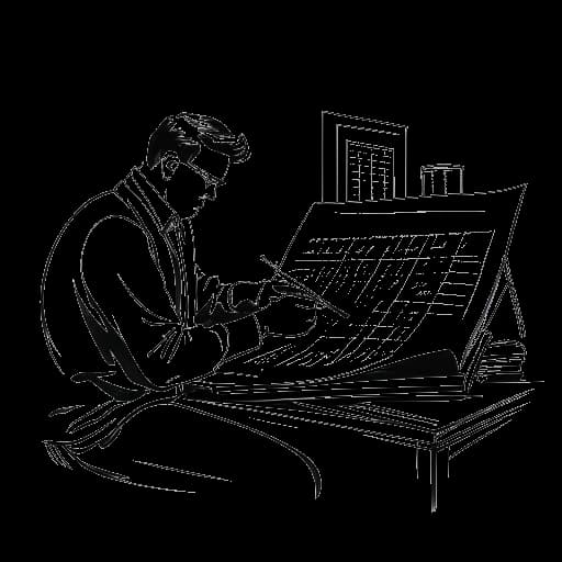 Desenho em arte linear de um homem representando Skrillex, trabalhando em uma trilha sonora para um filme.