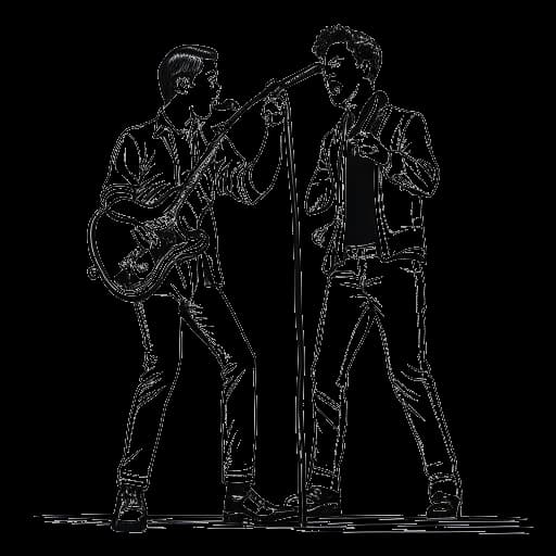 Desenho em arte linear de 2 homens representando Skrillex e Yoshiki, se apresentando juntos no palco.