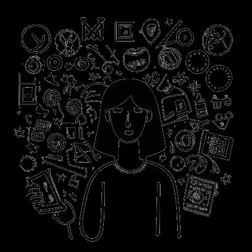 A black and white line art drawing of a figure surrounded by symbols representing controversy, with social media icons in the background. The image represents Andrew Tate's controversial nature and his presence on various social media platforms.