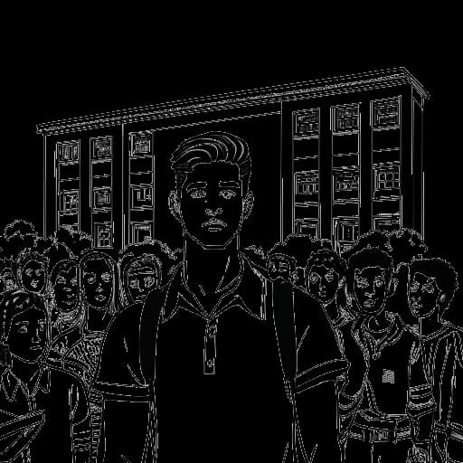 Desenho em arte de linha de Andrew Tate com adolescentes britânicos e um prédio escolar