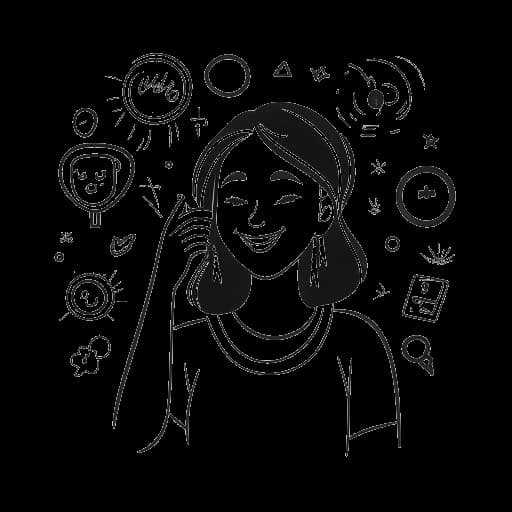 Desenho de linha de uma mulher, representando Alex Cooper, admirando seu anel de noivado, cercada por ícones de redes sociais, simbolizando sua influência online e marcos pessoais.