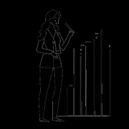 Desenho de linha de uma mulher, representando Alex Cooper, com os braços cruzados na frente de um gráfico de barras mostrando crescimento, com um telefone exibindo redes sociais, destacando seu impacto e presença online.