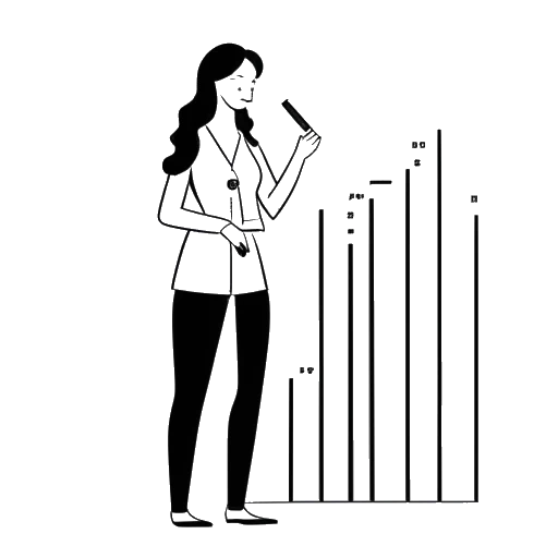 Desenho de linha de uma mulher, representando Alex Cooper, com os braços cruzados na frente de um gráfico de barras mostrando crescimento, com um telefone exibindo redes sociais, destacando seu impacto e presença online.