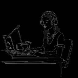 Desenho de linha de uma mulher, representando Alex Cooper, em uma mesa de transmissão com um cenário de podcast, sublinhado por uma metáfora visual de um grande cifrão para seu contrato bem-sucedido.