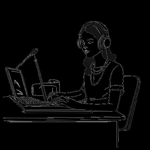 Desenho de linha de uma mulher, representando Alex Cooper, em uma mesa de transmissão com um cenário de podcast, sublinhado por uma metáfora visual de um grande cifrão para seu contrato bem-sucedido.