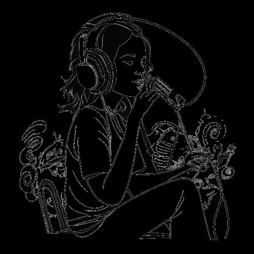 Arte em linha de uma mulher, representando Alex Cooper, em um ambiente de podcast com microfone e fones de ouvido. O plano de fundo apresenta cifrões e notas musicais, indicando o sucesso e ganho financeiro em sua carreira.