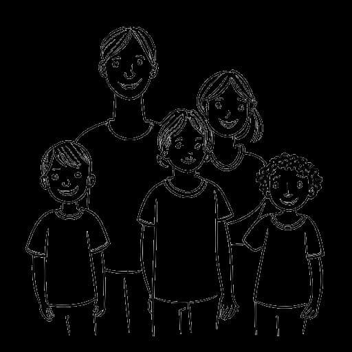 Desenho em arte de linha de uma mulher representando Alex Cooper com seus dois irmãos mais velhos, uma irmã e um irmão