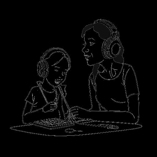 Desenho em arte de linha de uma mãe e filha representando Alex Cooper e sua mãe fazendo um podcast juntas