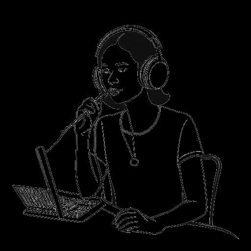Desenho em arte de linha de uma mulher representando Alex Cooper tocando o podcast Call Her Daddy como uma operação feita por uma única mulher
