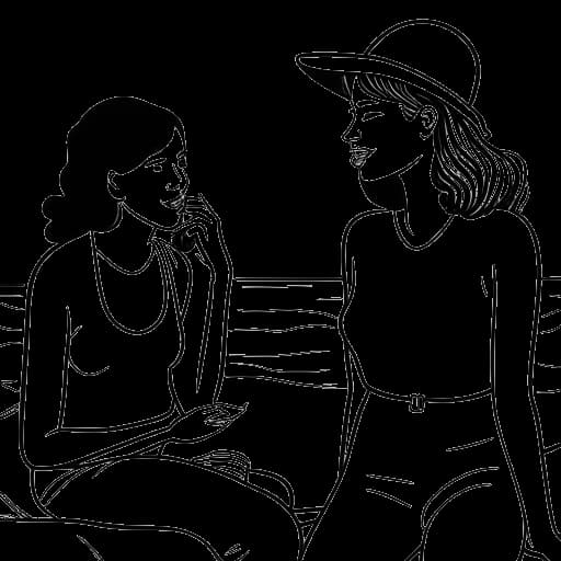 Desenho em arte de linha de duas mulheres representando Alex Cooper e Sofia Franklyn discutindo sobre relacionamentos durante as férias no Texas